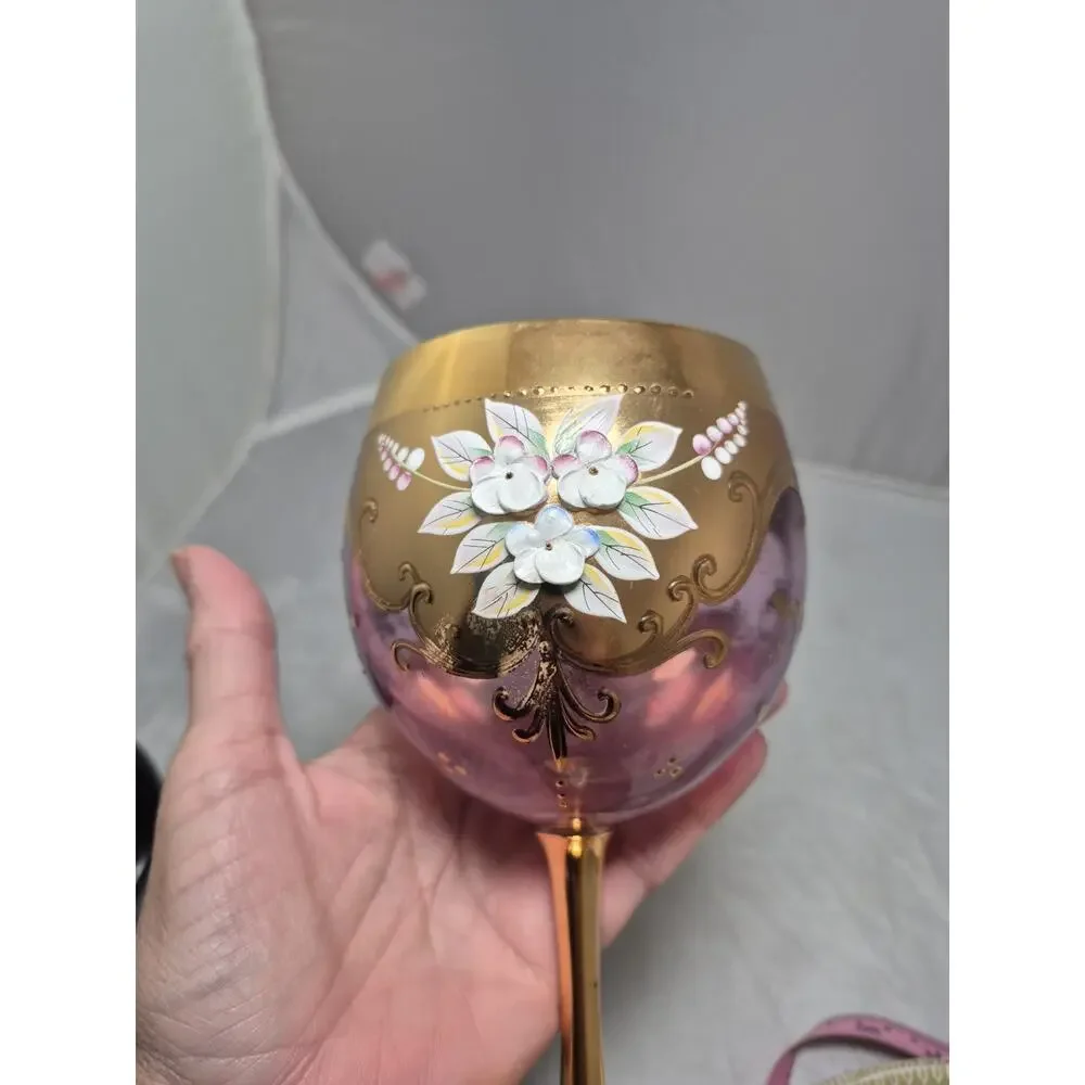 💥 Vintage Bohemia Czech Rose Flower Gold Gilded Floral Glass Wine Goblet